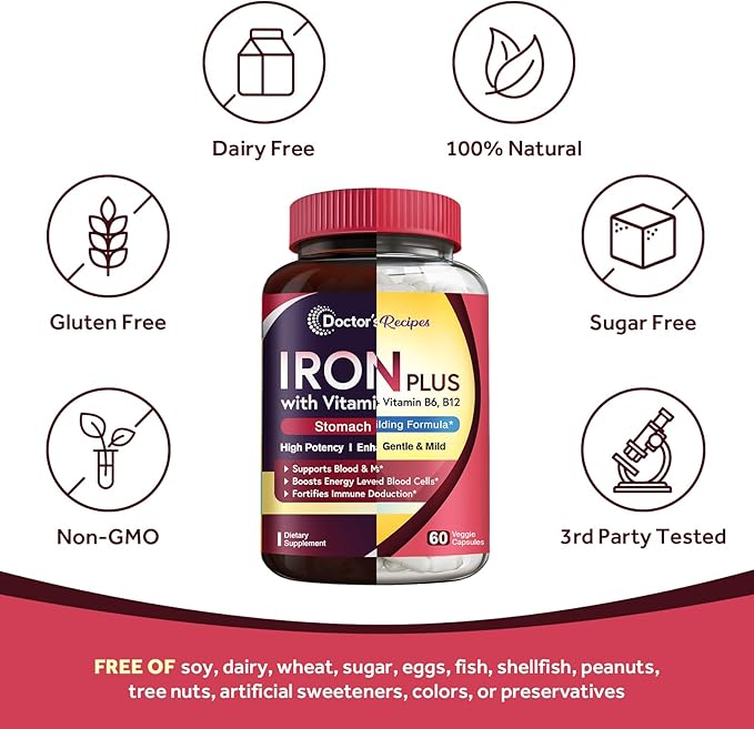Doctor's Recipes Iron 65 mg &amp Iron Plus Bundle Healthy Iron Levels &amp Blood Support Iron Tablets 60 ct &amp Iron Capsules 60 ct