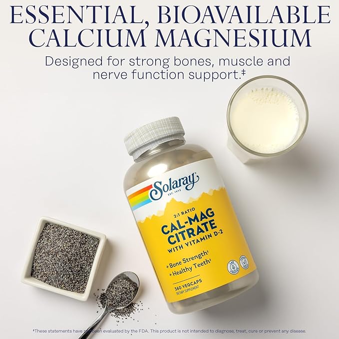 Solaray Calcium Magnesium Citrate 2:1 Ratio - Calcium Supplements for Women and Men w/Magnesium and Vitamin D 2 - Bone Health Muscle and Nerve Support - Vegan 60-Day Guarantee 60 Serv 360 VegCaps