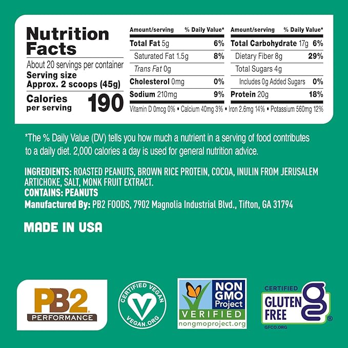 PB2 Performance Peanut Plant Based Vegan Protein Powder | 20g Complete Protein No Added Sugar Prebiotic Fiber | Dairy Free Certified Vegan Non-GMO and Gluten Free [Peanut with Dutch Cocoa 2lb]