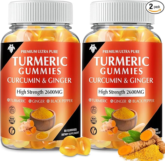 Turmeric Curcumin Gummies with Ginger &amp Black Pepper Vegan Pectin Formula for Immune Boost Healthy Skin &amp Joint Support Chewable Supplement for Adults &amp Teens (2-Pack)