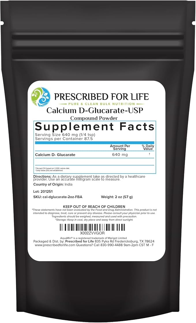 Prescribed for Life Calcium D Glucarate Powder Pure CDG Fine Powder USP Grade Vegan Gluten Free Non GMO (56g)