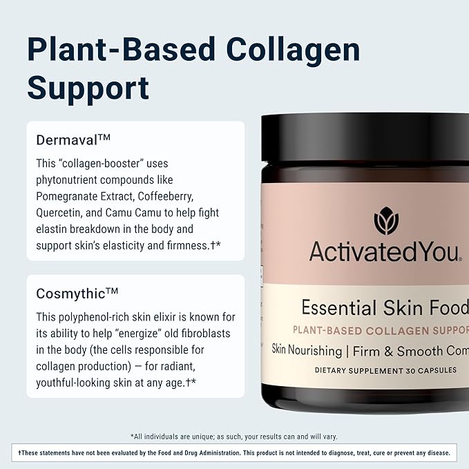 ACTIVATEDYOU Essential Skin Food Advanced Skincare Collagen Elastin Support Supplement for Aging Skin Helps Improve Appearance of Face Texture Sagging w/Dermaval Vitamin C Lysine (30 Capsules)