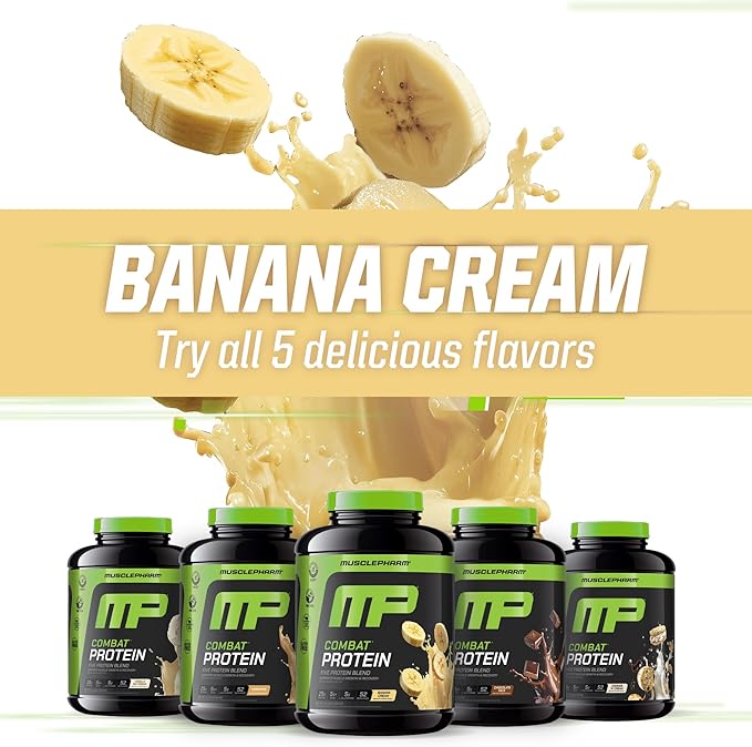 MusclePharm Combat Protein Powder Banana Cream Flavor Fuels Muscles for Productive Workouts 5 Protein Sources including Whey Protein Isolate &amp Egg Albumin Gluten Free 4 lb 52 Servings