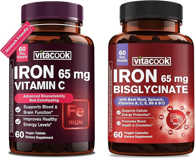 Iron Supplement for Women Men High Potency Iron 65mg with Vitamin C &amp 9-in-1 65mg Ferrous Bisglycinate Chelate with Vitamin A C E B6 B12 Folate