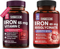 Iron Supplement for Women Men High Potency Iron 65mg with Vitamin C &amp 9-in-1 65mg Ferrous Bisglycinate Chelate with Vitamin A C E B6 B12 Folate