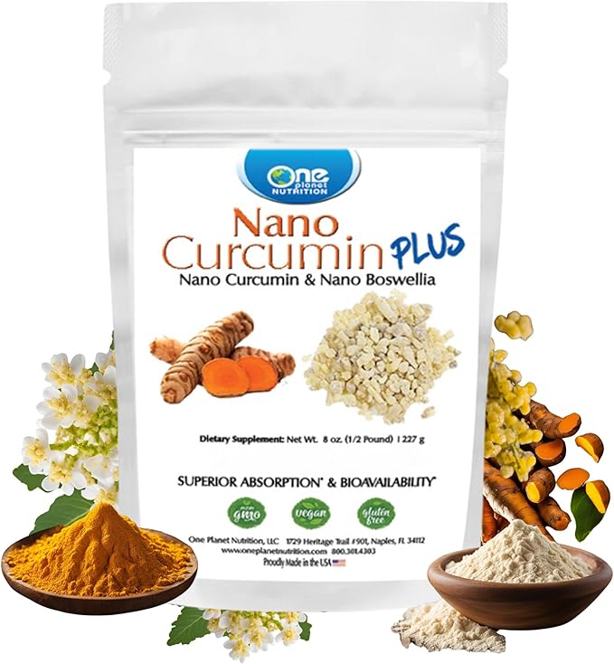 One Planet Nutrition Nano Curcumin Plus Powder 8 oz (227 Servings) - Nano-Particle Size Turmeric and Boswellia Extract - Supports Body Comfort and Flexibility - Non-GMO Vegan Gluten-Free