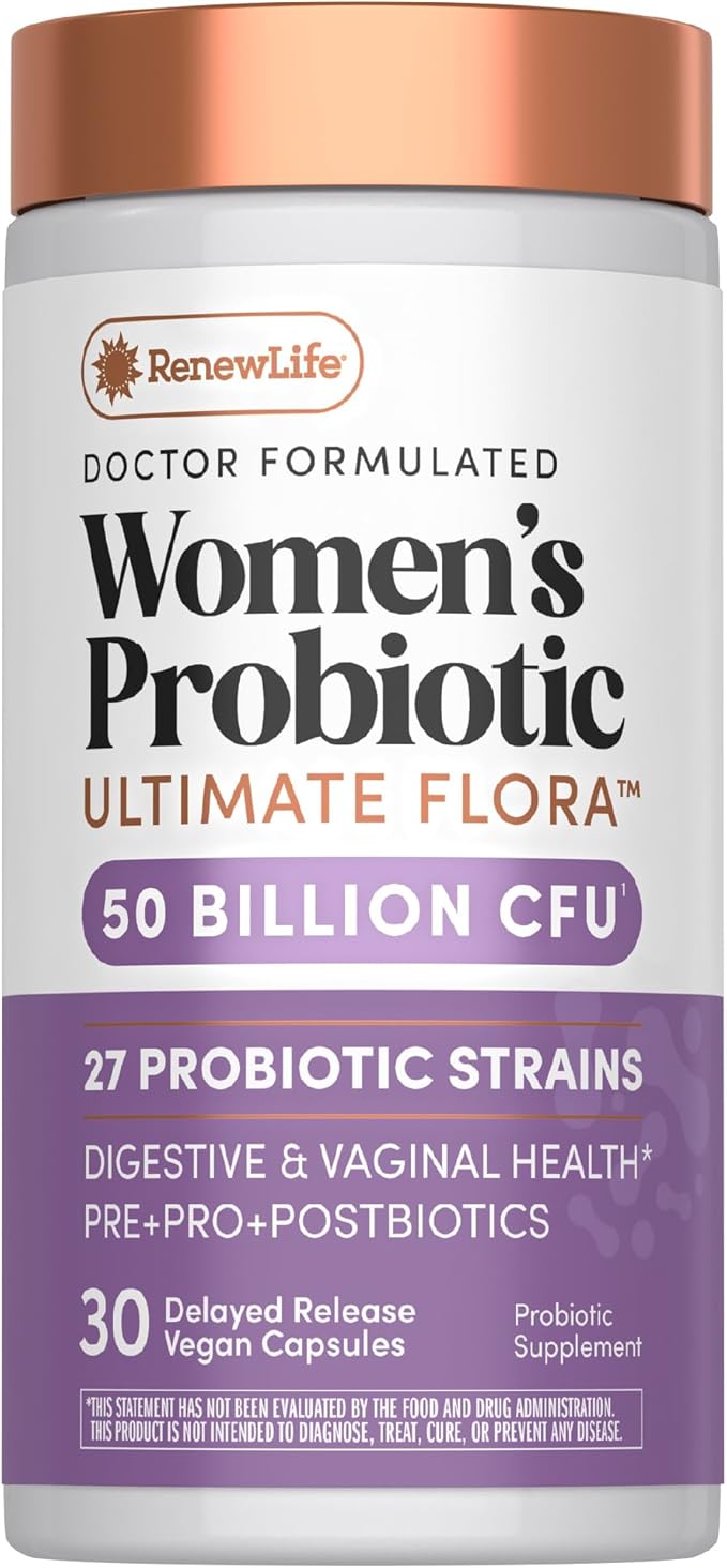 Renew Life Ultimate Flora Probiotics for Women | 50 Billion CFU | 30 Delayed Release Vegan Capsules | Digestive &amp Vaginal Health | Dairy Soy and Gluten Free Supplement