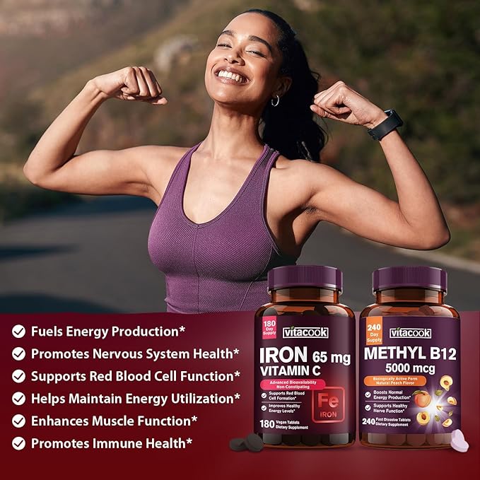 Iron and Vitamin B12 Bundle 5000 mcg B12 Zero Sugar Carbonyl Iron with Vitamin C Gentle on The Stomach