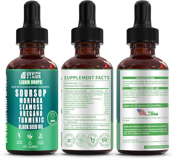 Vyxion Soursop Bitters Liquid Drops 10 in 1 with Sea Moss Moringa Turmeric Black Seed Oil Oregano Ashwagandha | Herbal Extracts for Overall Health-Enhancing | Vegan Non-GMO | 2 Fl Oz
