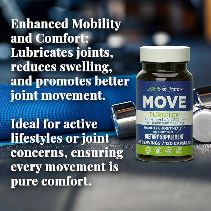 Basic Brands -Move Pureflex Glucosamine Chondroitin 120 Capsules – Joint Support Supplement for Cartilage Mobility &amp Flexibility – Glucosamine Sulfate &amp Chondroitin Sulfate – Made in USA