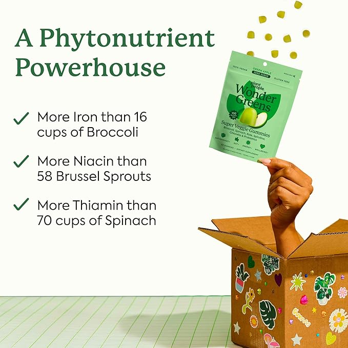 Plant People WonderGreens Veggie Gummies Super Greens with Probiotics Multivitamin Support Gummy for Wellbeing Energy Immune and Gut Health Green Apple Flavor (60 Count)