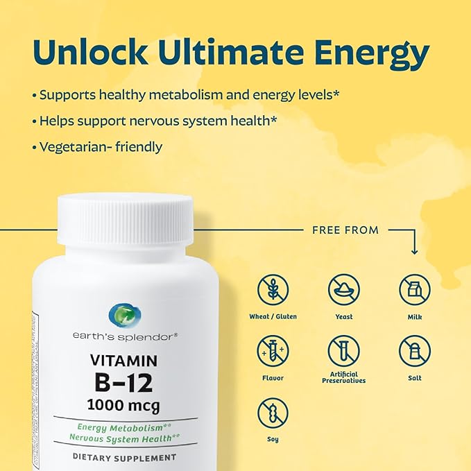 Earth's Splendor Energy &amp Hair Support: Vitamin B12 (200 Tablets) + Biotin 10000 mcg &amp Keratin 25mg (60-Day Supply) - Boosts Energy Hair Nails &amp Skin - No Artificial Colors Gluten Free