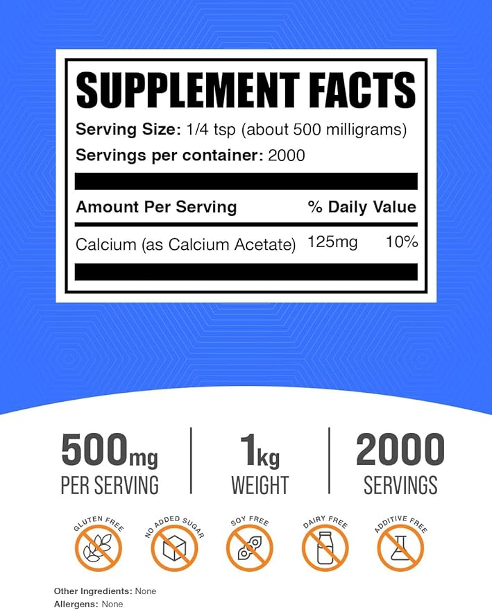 BulkSupplements.com Calcium Acetate Powder - Calcium Supplement Food Grade - Pure &amp Gluten Free 500mg per Serving 1kg (2.2 lbs) (Pack of 1)