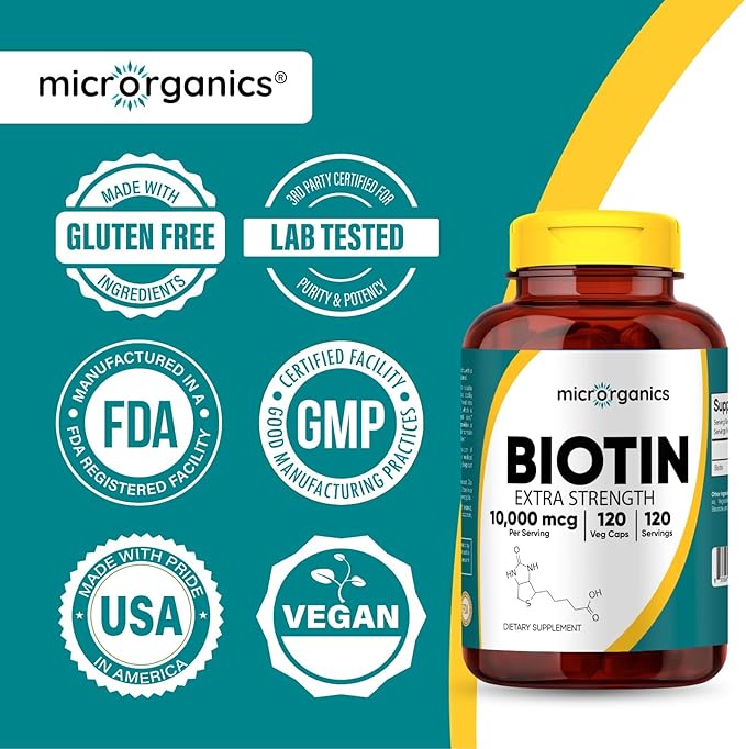 Biotin 10000 mcg Extra Strength – Supports Hair Skin &amp Nail Health and Energy Metabolism – High Potency Vitamin B7 – 120 Vegan Capsules 120 Servings