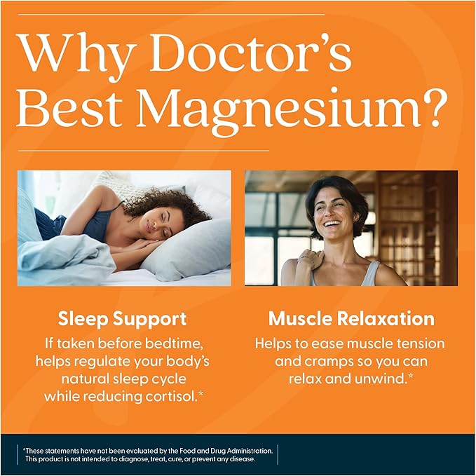Doctor's Best High Absorption Magnesium Glycinate Lysinate Supplement for Sleep Support - Chelated Magnesium Tablets for Women &amp Men 200mg per Serving Supports Calm &amp Relaxation Vegan - 240