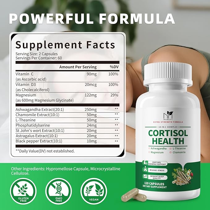 Cortisol Supplements for Women/Men - 10 in 1 Cortisol Manager Reducer Lower Detox Balance with Magnesium Ashwagandha L-Theanine for Stress Sleep Calm Mood Support - 120 Capsules for 60 Days