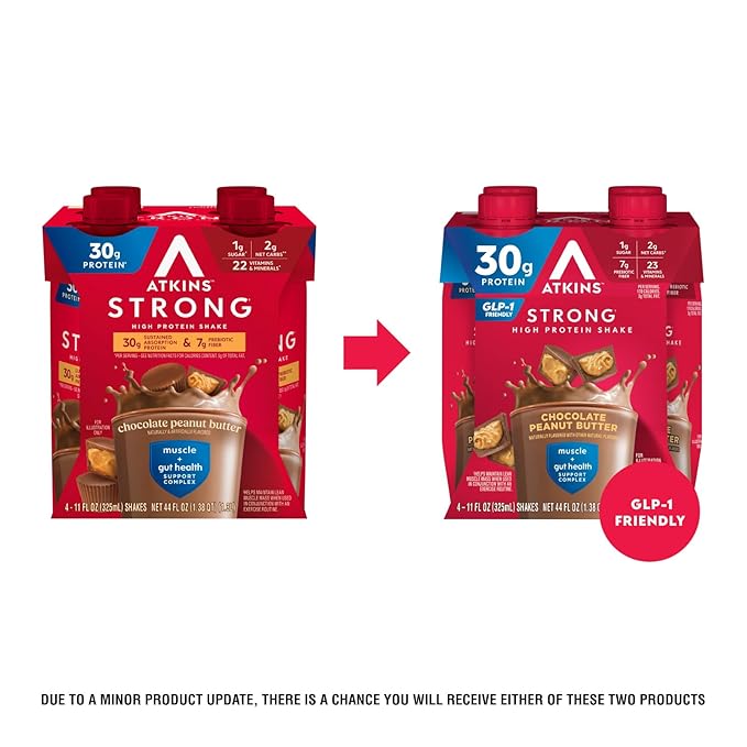 Atkins Strong High Protein Shake Chocolate Peanut Butter Flavor 30g Protein Low Carb and Low Sugar Shake Keto Friendly Gluten Free Muscle and Gut Health Support Complex (Pack of 24)