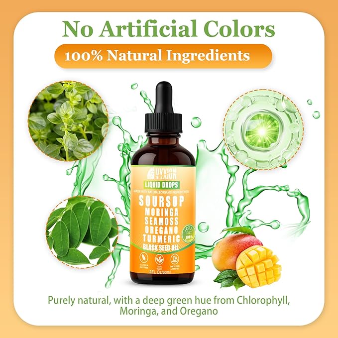 Soursop Bitters Liquid Drops 10 in 1 with Sea Moss Moringa Turmeric Black Seed Oil Oregano Ashwagandha | Herbal Extracts for Overall Health-Enhancing | Vegan Non-GMO | 2 Fl Oz(Mango flavor)