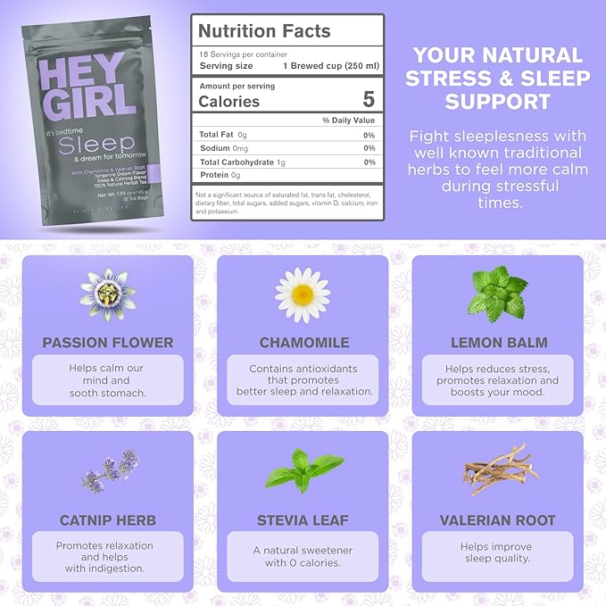 Hey Girl Sleep Tea - Natural Herbal Bedtime Tea Bags with Chamomile Passion Flower Valerian Root Lemon Balm - Calming Relaxing Adults Sleepy Night Time Tea - Relaxation Gifts for Women 3-packs