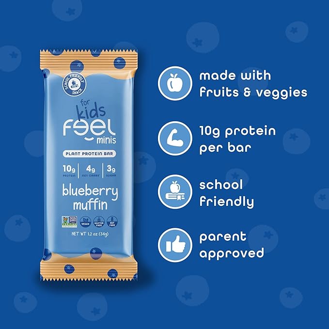 Feel Bar Minis – Kids Protein Bars | Blueberry Muffin | 10g Plant Protein | 100 Calories | No Added Sugar | + Daily Veggies | Gluten Free No Nuts No Soy No Dairy No Grains (12 Pack)