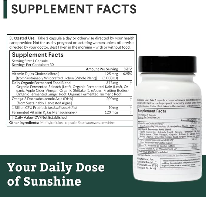 Nutritional Roots - Vitamin D3 &amp K2-5000 iu - 1 Billion CFU Probiotics - Algal Omega 3 DHA - Immune Support - Dietary Supplement - Vegan Formula - 1 Month Supply - 30 Capsules