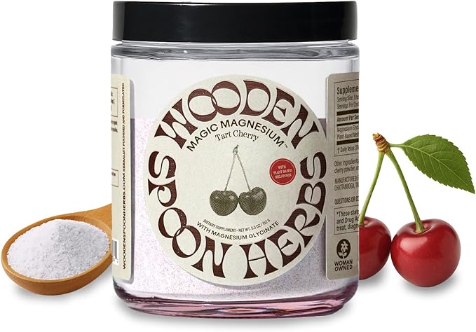 Wooden Spoon Herbs Magic Magnesium Glycinate Powder Drink Mix (Tart Cherry) | 300mg Magnesium 0.5mg Plant-Based Melatonin | Calming Nighttime Supplement | Easy Mix Sleep Support Powder Vegan | 3.7oz