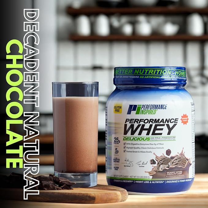 Performance Inspired Nutrition WHEY Protein Powder - All Natural - 25G - Contains BCAAs - Digestive Enzymes - Fiber Packed - Decadent Natural Chocolate – 2 Pounds