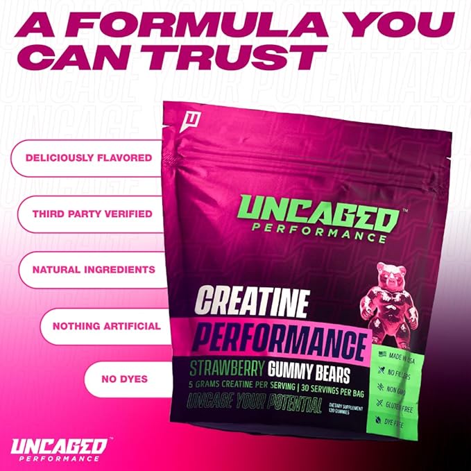 Creatine Monohydrate Gummies 5g with Prebiotic Fiber for Muscle Growth &amp Strength 30 Servings Strawberry - Lab Tested - 5000mg Premium All Natural