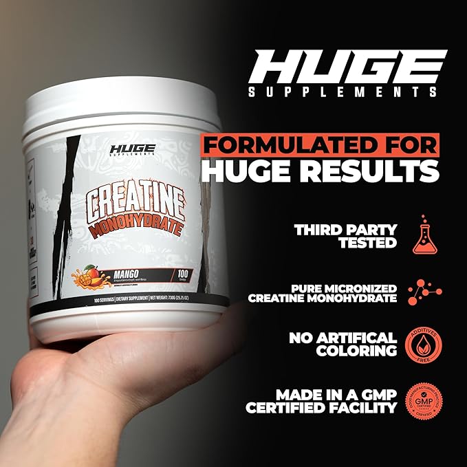 Huge Supplements Flavored Creatine Monohydrate Powder - Mango Flavor 500 Grams Third Party Tested Micronized for Optimal Absorption 5 Grams Per Scoop Delicious &amp Easy Mixability (100 Servings