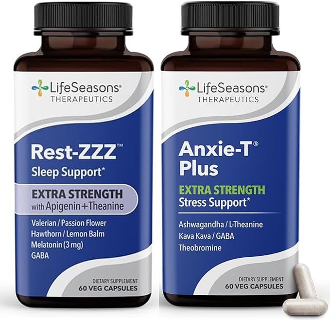LifeSeasons Rest-ZZZ Extra Strength + Anxie-T Plus Bundle – Sleep &amp Stress Support Supplement Pack – Fall Asleep &amp Feel Calm – Supports Nervous System Eases Tension - 60 Capsules &amp 60 Cap