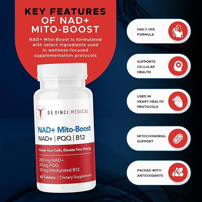 NAD+ Mito Boost Supplement with PQQ &amp B12 Cellular Coenzyme Formula 60 Capsules