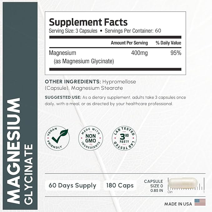 Pure Magnesium Glycinate 400mg Serving - High Absorption Magnesium Glycinate - Mag Bisglycinate for Stress Bones Muscles Nerves Relaxation &amp Heart Health Non GMO &amp Gluten Free - 180 Capsu