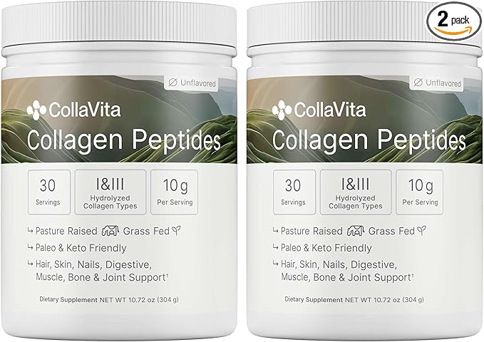 CollaVita Collagen Peptides (2 Month Supply) Grass-Fed Pasture-Raised Hydrolyzed Collagen Powder Type I &amp III Hair Nails Skin &amp Joints Non-GMO Paleo &amp Keto Unflavored 10 oz 2 Pack 30