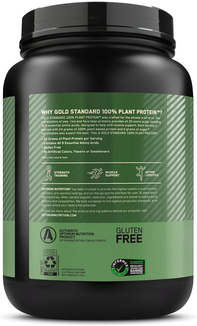 Optimum Nutrition Gold Standard 100% Plant Based Protein Powder Gluten Free Vegan Protein for Muscle Support and Recovery with Amino Acids - Rich Chocolate Fudge 20 Servings (Packaging May Vary)