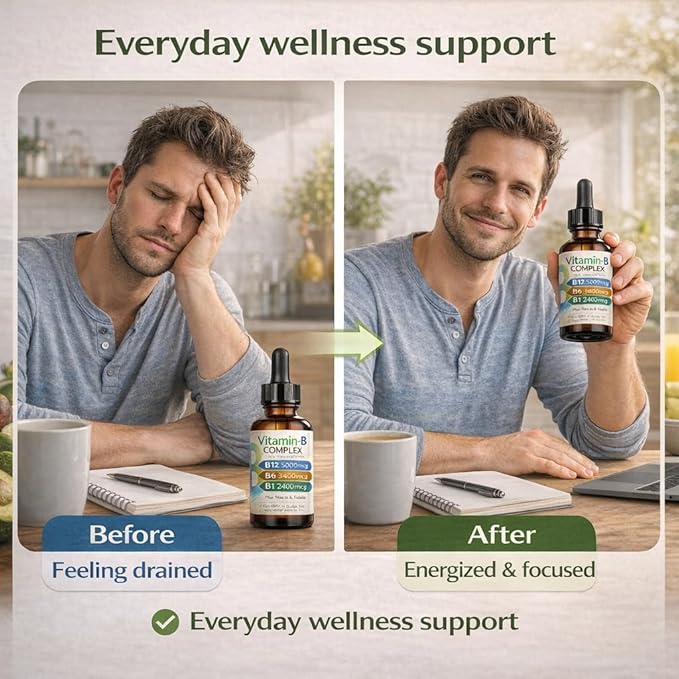 Vitamin B12 Complex Liquid Drops Sublingual B Complex with B12 B6 B1 Niacin &amp Folic Acid for Metabolic Health &amp Energy Support Vegan | Non-GMO | Gluten Free 60ml/2 fl oz 60 Servings (2p