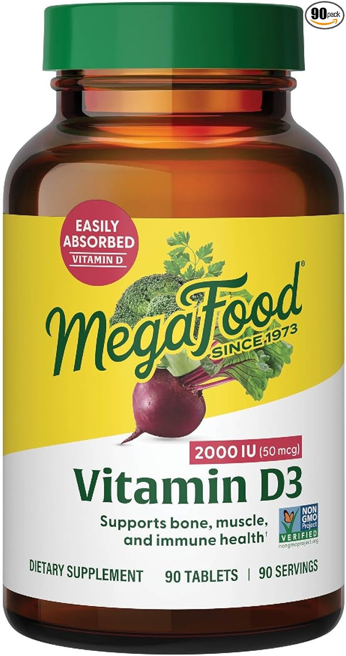 MegaFood Vitamin D3 2000 IU (50 mcg) - Vitamin D Supplements With Real Food Immune Support Supports Bones Teeth &amp Muscles Vegetarian Certified Non-GMO Kosher – 90 Tablets 90 Servings