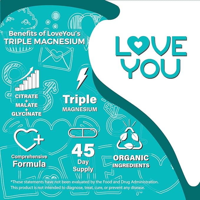 Love You Triple Magnesium Complex – 300mg per Serving Premium Magnesium Glycinate Citrate &amp Malate – High Absorption for Muscle Nerve &amp Sleep Support 90 Veggie Capsules