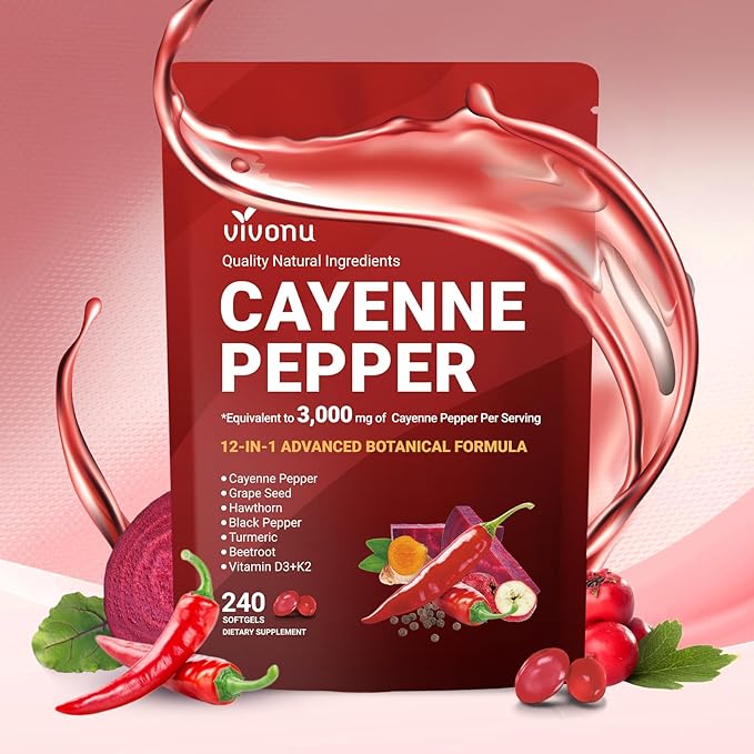 Cayenne Pepper Softgels Supplement with Vitamin E D3+K2 and Extracts of Turmeric Grape Seed Hawthorn Beetroot Berberine and Others Supports Leg Vein Heart and Blood Vessel Health (3 Pack)