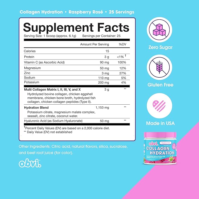 Obvi Hydration Powder | Electrolyte &amp Collagen Peptide Complex | 5 Types of Collagen with Hyaluronic Acid | Supports Skin Elasticity &amp Joint Health | Sugar-Free | Raspberry Rose 30 Servings
