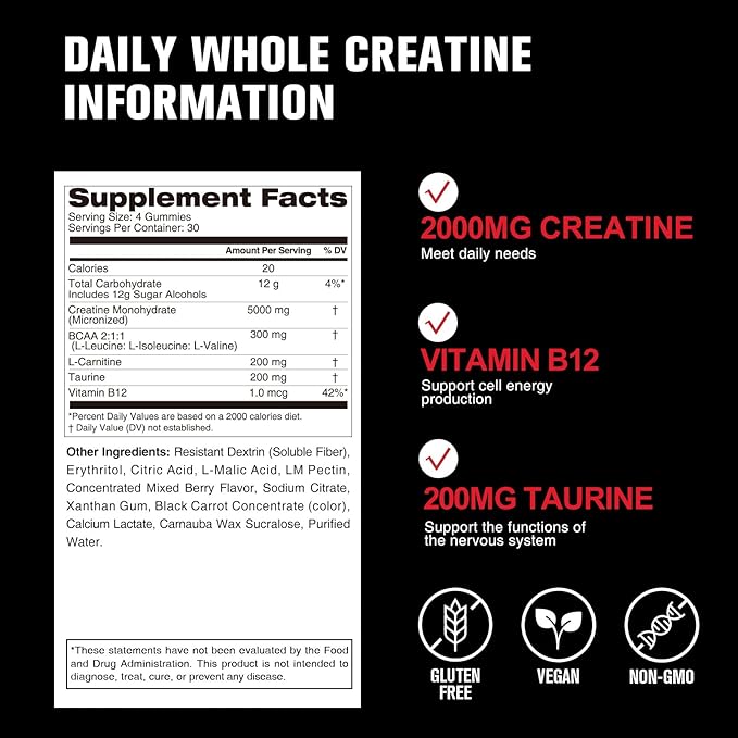 Creatine Monohydrate Gummies – Plant-Based Chewable Supplement with Taurine L-Carnitine and Vitamin B12 – 120 Count (4 Gummies Per Day) Mixed Berry Flavor for Women and Men