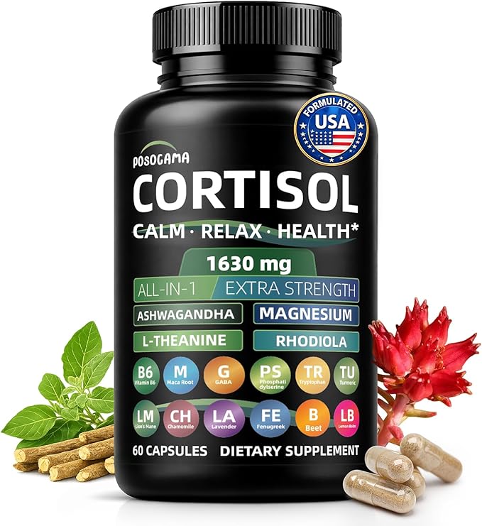 Cortisol Support for Women and Men with Ashwagandha Magnesium Rhodiola &amp L-Theanine-Supports CalmStress Relief &amp Mood Balance-60Ct(1 Bottle)