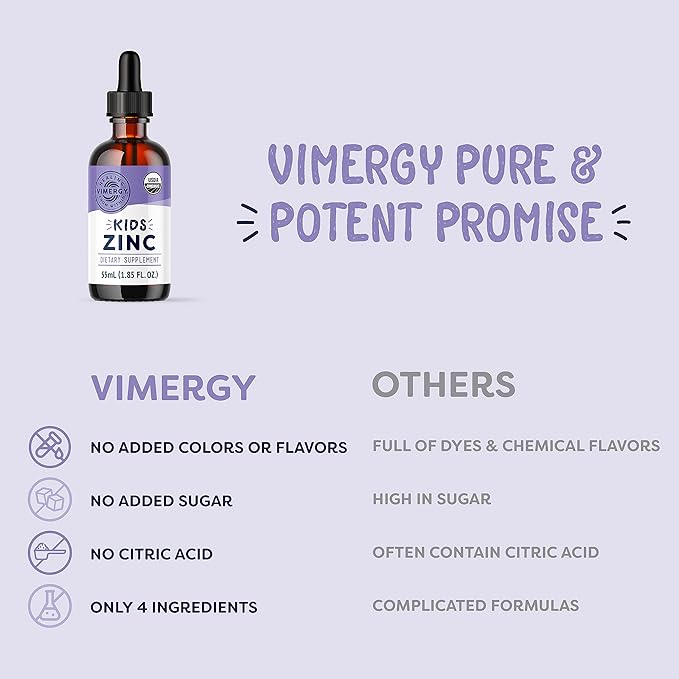 VIMERGY Kids USDA Organic Liquid Zinc Sulfate – for Children &amp Adolescence 1-18 Years Old Fast-Absorbing Immune Support* – Promotes Healthy Bones Hair &amp Skin. Kosher Vegan Non-GMO – 55 mL