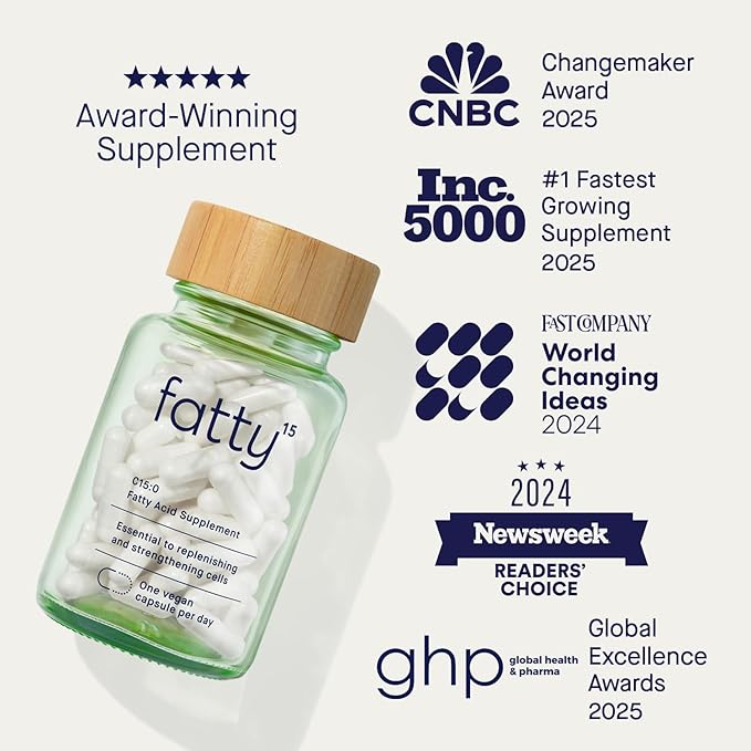 Fatty15 C15:0 Pentadecanoic Acid Supplement The Longevity Nutrient - 180 Vegan Capsules - 3X Cellular Benefits of Fish Oil EPA Omega 3 Supplements - Liver Support &amp Mitochondrial Health