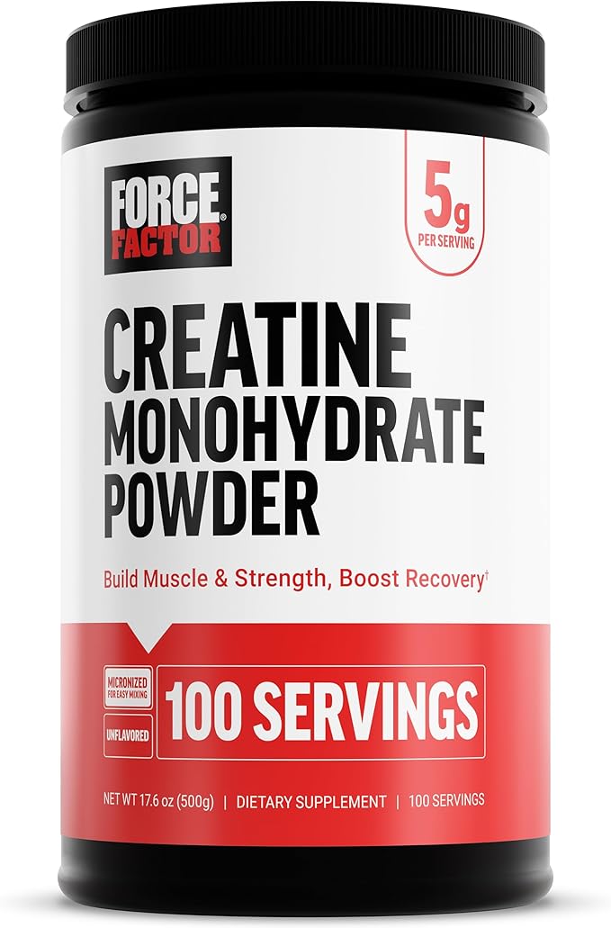 Force Factor Creatine Monohydrate Micronized Powder 500G 5g Dose to Support Muscle Growth Strength Recovery Cognitive Health &amp Memory Unflavored 100 Servings 17.6 Oz
