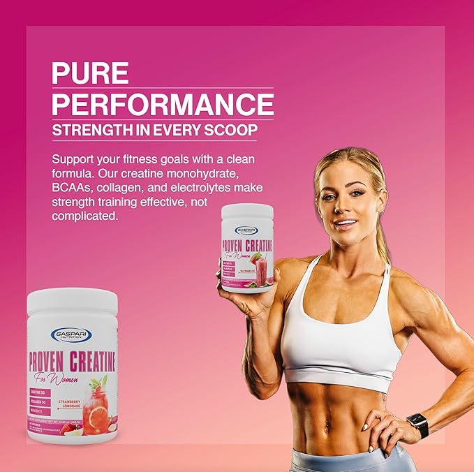 Gaspari Nutrition Proven Creatine for Women 5g of Creatine 5g of Collagen Vitamin C and Collagen Clean Natural Formula Electrolytes for Hydration (30 Servings Strawberry Lemonade)