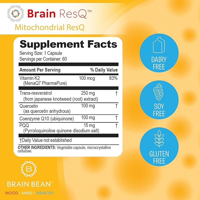 Brain ResQ Advanced Mitochondrial Formula with PQQ CoQ10 Trans Resveratrol MenaQ7 &amp Quercetin Supplement - 100mg of CoQ10 &amp 15mg PQQ – Supports Brain Heart &amp Cellular Health – 60 Capsu