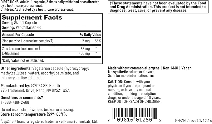 SFI Health Klaire Labs Endozin - Zinc Carnosine Complex with L-Glutamine to Support Intestinal Barrier Function Hypoallergenic (60 Capsules)