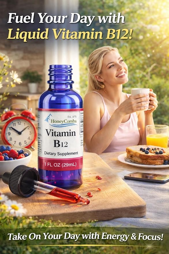 HoneyCombs Vitamin B12 Liquid Drops – B12 Vitamin Supplement for Energy Metabolism Brain Focus &amp Nerve Support – B12 Liquid Drops for Adults and Children Vitamina B12 Sublingual Made in the USA