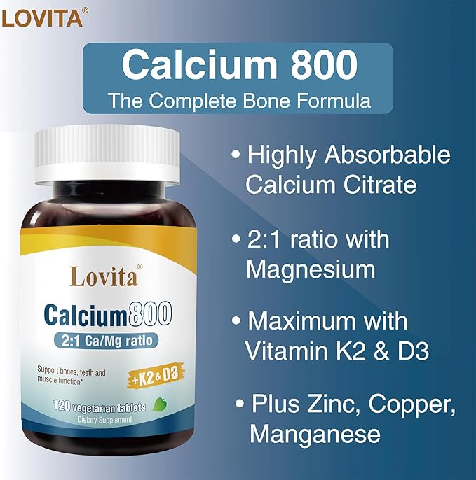 LOVITA Calcium Citrate 800 mg with Magnesium Vitamin D3 &amp K2 Bone Strength &amp Density Supplement for Women &amp Men Supports Teeth Immune Health Gluten Free Non-GMO 360 Vegan Tablets