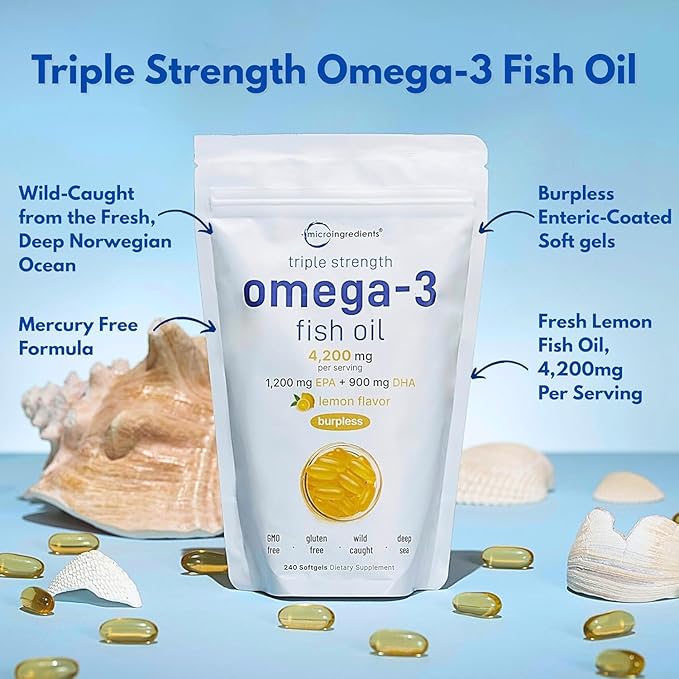 Micro Ingredients Triple Strength Omega 3 Fish Oil Supplements 4200mg Per Serving 240 Softgels – Lemon Flavored – Burpless | EPA 1200mg + DHA 900mg | Deep Sea Fish
